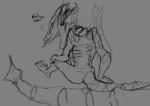 2018 alien anthro anthro_pred anthro_prey black_line_art bodily_fluids bulge dialogue digital_drawing_(artwork) digital_media_(artwork) drooling english_text feet forced genitals hexadec in_throat line_art long_tongue male male_pred metroid monochrome monster neck_bulge nintendo not_furry oral_vore penis ridley saliva simple_background sitting solo space_dragon_(metroid) struggling swallowing talking_to_prey text tongue unwilling_prey vore wings