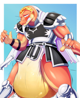 anthro armor big_diaper blush bodily_fluids clenched_teeth clothed clothing diaper front_view genital_fluids male solo surprised teeth unclean_diaper urine used_diaper wearing_diaper wet_diaper wetting steelshark dragon_quest dragon_quest:_the_adventure_of_dai square_enix crocodine crocodilian reptile scalie absurd_res hi_res