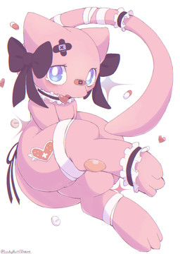 accessory ambiguous_gender bandage bandage_on_face bandage_on_nose bandage_on_tail bandaged_leg black_ribbon blue_eyes blush bodily_fluids clothing drugs feet feral floating heart_accessory heart_symbol long_tail mostly_nude open_mouth pills pink_body pink_tail ribbons simple_background solo tail tears thick_thighs luckyrumi nintendo pokemon generation_1_pokemon legendary_pokemon mew_(pokemon) pokemon_(species) digital_media_(artwork)