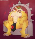 anthro balls beard big_bulge bodily_fluids bowser_logo bowser_logo_thong bulge chair claws detailed_bulge facial_hair fangs furniture genitals heat_(temperature) horn looking_at_viewer male muscular nipple_piercing nipples piercing shell solo sweat teeth throne tonkotsu_spicy_noodle mario_bros nintendo bowser koopa scalie hi_res