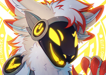 abstract_background ambiguous_anthro ambiguous_gender anthro claws finger_claws fur grey_body grey_fur hair machine messy_hair multicolored_hair open_mouth open_smile protogen_visor red_claws red_hair short_hair smile solo tongue two_tone_hair white_body white_fur white_hair yellow_eyes yellow_tongue bloominglynx protogen bust_portrait digital_drawing_(artwork) digital_media_(artwork) hi_res portrait