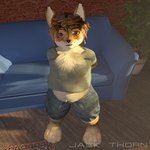 3d_background anthro blush bottomwear chest_tuft clothed clothing clothing_lift denim denim_bottomwear denim_clothing denim_shorts eyewear fingerless_gloves furniture glasses gloves hair hands_behind_back handwear looking_at_viewer looking_from_above male overweight plant shirt shirt_lift shorts smile sofa solo tail text topwear tuft young young_anthro young_male jackthorn jackal_pawpad canid canine canis jackal mammal 1:1 2014 3d_(artwork) digital_media_(artwork) signature