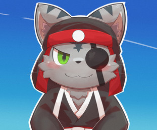 anthro asian_clothing black_clothing black_headdress black_kimono blush bottomwear clothing east_asian_clothing eye_patch eyewear fur green_eyes grey_body grey_fur happy japanese_clothing kimono looking_at_viewer male pants red_bottomwear red_clothing red_pants sky solo young young_anthro young_male kopel_doppel bemani konami pop'n_music kagetora_(pop'n_music) felid mammal pantherine tiger 2025 hi_res japanese_description