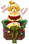 anthro big_breasts blush breasts cleavage clothed clothing costume female footwear holidays holly_(plant) huge_breasts legwear panties pattern_clothing pattern_footwear pattern_legwear pattern_socks plant santa_costume simple_background socks striped_clothing striped_footwear striped_legwear striped_socks stripes underwear upskirt white_background luvon animal_crossing christmas nintendo isabelle_(animal_crossing) canid canine canis domestic_dog mammal