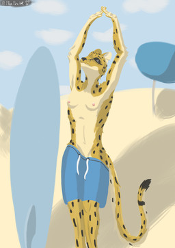 anthro beach beach_umbrella black_spots breasts casual_exposure clothed clothing cloud crossdressing eyebrows eyelashes eyes_closed female fur markings nipples parasol sand sky small_breasts solo spots spotted_body spotted_fur standing stretching_arms surfboard swimming_trunks swimwear tail topless topless_anthro topless_female tuft whisker_spots whiskers yellow_body yellow_fur fluxfoxart male_swimwear_challenge cheetah felid feline mammal absurd_res colored digital_media_(artwork) digital_painting_(artwork) hi_res painting_(artwork) shaded signature