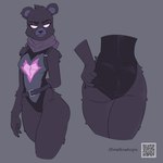 adjusting_clothing anthro belt black_body black_fur claws clothing eyebrow_piercing facial_piercing female fluffy fur hood_down leotard looking_at_viewer piercing qr_code scar smile solo symbol white_eyes wide_hips mellow_hops epic_games fortnite raven_team_leader bear humanoid mammal 1:1 hi_res