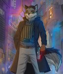 advertisement anthro belt biped black_clothing black_coat black_topwear bottomwear building bulletproof_vest cheek_tuft chest_tuft city city_background cityscape claws closed_smile clothed clothed_anthro clothed_male clothing coat cute_fangs cyberpunk detailed_background evening facial_tuft fangs finger_claws fingers fluffy fluffy_tail front_view fully_clothed fully_clothed_anthro fully_clothed_male fur green_eyes grey_body grey_bottomwear grey_clothing grey_fur grey_pants gun hair hand_in_pocket holding_gun holding_object holding_ranged_weapon holding_weapon humanoid_hands inner_ear_fluff looking_at_viewer male male_anthro mouth_closed outside pants pockets pose ranged_weapon short_hair smile smiling_at_viewer solo standing tail teeth text topwear trigger_discipline tuft weapon silianor canid canine canis mammal wolf japanese_text portrait three-quarter_portrait