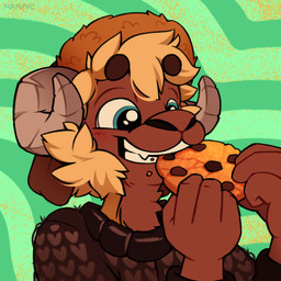 2_horns 4_fingers anthro bangs blush bovid_horn brown_body brown_clothing brown_ears brown_eyebrows brown_fur brown_hat brown_headwear brown_sweater brown_topwear candy caprine_horn chocolate chocolate_chip_cookie chocolate_chips circle_eyebrows clothed clothed_male clothing cookie crumbs curled_horn dessert eating eyebrow_through_hair eyebrows facial_hair fangs fingers floppy_ears food food_in_mouth fur green_background grey_horn grin hair handpaw happy hat head_horn headgear headwear holding_cookie holding_food holding_object horn looking_at_food looking_at_object looking_down lop_ears male monotone_hair multicolored_body multicolored_fur om_nom_nom open_mouth pattern_background pattern_clothing pattern_sweater pattern_topwear paws pupils raised_eyebrows ram_horn short_hair sideburns simple_background smile snout solo striped_background sweater tan_body tan_fur tan_hair tan_wool teal_eyes teeth three-quarter_view toony toothy_grin topwear translucent translucent_hair two_tone_body two_tone_fur ushanka wool_(fur) marriouss marriouss_(character) bovid caprine domestic_sheep mammal sheep valais_blacknose 1:1 2024 bust_portrait cel_shading clip_studio_paint_(artwork) digital_drawing_(artwork) digital_media_(artwork) hi_res icon portrait shaded signature
