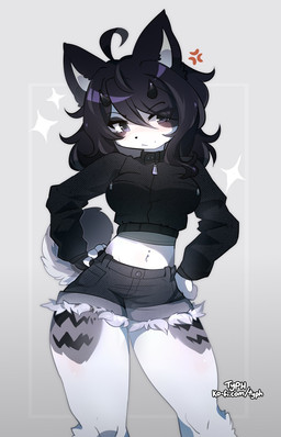 ahoge annoyed anthro bangs black_clothing black_collar black_hair black_horn black_jacket black_markings black_topwear blush bottomwear clothing collar cropped_jacket curled_tail eyelashes female front_view fur grey_background grey_body grey_eyes grey_fur hair hand_on_hip horn hotpants jacket markings medium_hair minishorts navel navel_piercing piercing shorts simple_background small_waist solo standing tail thick_thighs topwear white_body white_fur typh canid canine canis domestic_dog husky mammal nordic_sled_dog spitz 2026 9:14 colored digital_drawing_(artwork) digital_media_(artwork) hi_res shaded