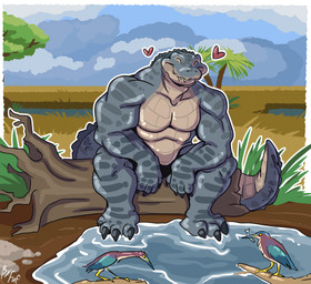 anthro avian_feet beak biped claws closed_smile clothed clothing day eyes_closed feathered_wings feathers feral grass group heart_symbol log male male_focus mouth_closed muscular muscular_arms muscular_male outside pecs plant sharp_teeth sitting smile solo_focus standing teeth toe_claws topless topless_male water wings wood fuf alligator alligatorid aquatic avian bird crocodilian fish reptile scalie 2023 hi_res