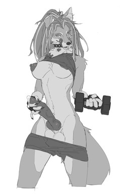 animal_genitalia animal_penis anthro areola athletic athletic_anthro athletic_gynomorph athletic_intersex athletic_wear balls big_penis bodily_fluids bottomwear bottomwear_down breasts canine_genitalia canine_penis cheek_tuft chest_tuft clothed clothed_anthro clothed_gynomorph clothed_intersex clothing clothing_lift collar dripping dumbbell ear_piercing erection exercise facial_tuft genital_fluids genitals gynomorph hair hand_on_penis industrial_piercing intersex knot licking licking_lips long_hair long_penis looking_at_viewer navel navel_piercing nipple_piercing nipples pants pants_down partially_clothed penis piercing precum precum_drip shirt shirt_lift solo tongue tongue_out topwear tuft vein veiny_knot veiny_penis weightlifting weights workout telson candice_(femtoampere) canid canine canis domestic_dog mammal 2021 greyscale hi_res monochrome