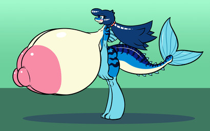anthro areola big_areola big_breasts blue_body blue_eyes blue_hair blush breasts eyelashes female fin fish_tail gradient_background hair huge_areola huge_breasts hyper hyper_breasts nipples nude pink_nipples ponytail puffy_nipples side_view simple_background solo striped_body stripes sprucy mackenzie_(sprucy) aquatic fish mackerel scombrid scombriform hi_res