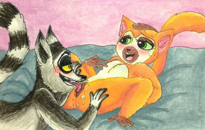 anthro blush cunnilingus duo eyelashes female female_anthro flat_chested genitals half-closed_eyes looking_at_another looking_at_partner lying male male/female male_anthro narrowed_eyes nude nude_female nude_male on_back open_mouth open_smile oral raised_tail sex smile tail teeth tongue tongue_out vaginal vulva puku83 all_hail_king_julien dreamworks madagascar_(series) clover_(madagascar) king_julien crowned_lemur lemur mammal primate ring-tailed_lemur strepsirrhine 2015 traditional_media_(artwork)