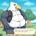 anthro bulge hand_on_hip love_handles male moobs obese overweight plant sea solo text thick_thighs tree water wide_hips tanio animal_crossing nintendo apollo_(animal_crossing) accipitrid accipitriform avian bird eagle 1:1 2024 english_text hi_res