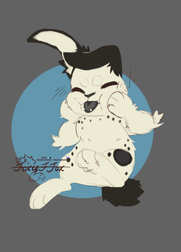 anthro black_body black_fur blep chibi eyes_closed floppy_ears fur hand_on_cheek male markings piercing puffed_cheeks rabbit_feet scut_tail short_tail solo spots spotted_body spotted_fur tail tongue tongue_out tongue_piercing foxyffox foxylovescoke jack_kel_(huf13) lagomorph leporid mammal rabbit absurd_res hi_res watermark