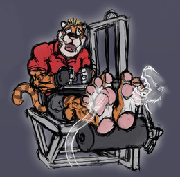 4_toes anthro blonde_hair bottomwear clothed clothed_anthro clothed_male clothing duo exercise_equipment feet fingerless_gloves foot_fetish foot_lick foot_play fur gloves grey_background grey_bottomwear grey_clothing grey_pants hair handwear licking male markings multicolored_body multicolored_fur open_mouth orange_body orange_fur pants pawpads pink_nose pink_pawpads red_clothing red_shirt red_topwear restrained shirt simple_background striped_body striped_fur striped_markings striped_tail stripes tail tail_markings tail_tuft teeth tickle_fetish tickle_torture tickling tickling_feet tickling_toes toe_lick toes tongue topwear trainer tuft white_body white_fur kctk felid ghost hybrid liger mammal pantherine spirit tiger