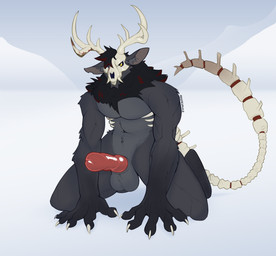 animal_genitalia animal_penis anthro antlers ball_tuft big_penis black_body black_fur bone bone_tail canine_genitalia canine_penis claws crouching erection exposed_bone fangs fur genitals grey_body grey_fur horn knot knotted_penis male penis presenting presenting_penis skull skull_head solo teeth tuft white_claws yellow_eyes akefesauce american_mythology indigenous_north_american_mythology mythology north_american_mythology yura_kazzarin_(skullmoss) monster wendigo absurd_res hi_res