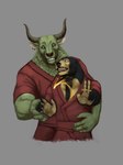 anthro duo ear_piercing ear_ring fur green_body green_fur horn magic male male/male piercing ring ring_piercing mamaubear doctor_strange_(series) european_mythology greek_mythology marvel mythology mamau_(mamaubear) rintrah_(marvel) bear bovid bovine mammal minotaur sun_bear ursine 3:4 hi_res