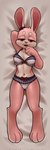 3_toes anthro asian_clothing athletic athletic_female bedding bedding_background bedroom_eyes bottomwear bow_ribbon breasts buckteeth clothed clothing dakimakura deep_navel earband east_asian_clothing facial_tuft feet female fur half-closed_eyes high-angle_view japanese_clothing japanese_school_uniform looking_at_viewer markings medium_breasts microskirt miniskirt mole_(marking) narrowed_eyes navel panties pink_body pink_fur red_eyes school_uniform seductive serafuku skimpy skirt solo teeth toes tuft underwear uniform ventral_groove him_army bunnie_(him_army) lagomorph leporid mammal rabbit dakimakura_design hi_res