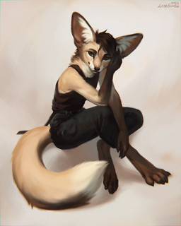 anthro big_ears black_bottomwear black_clothing black_pants bottomwear brown_body brown_clothing brown_eyes brown_fur brown_hair brown_topwear clothed clothing female fur glistening glistening_eyes gloves_(marking) hair markings mouth_closed pants simple_background sitting solo tan_body tan_fur topwear whiskers lostgoose canid canine fennec_fox fox mammal true_fox 2023 4:5 dated hi_res signature