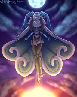 2_toes 3_fingers 4_fingers antennae_(anatomy) anthro big_antennae blue_antennae blue_wings breasts clothing cloud eye_patch eyes_closed eyewear feet female fingers garter_belt garter_straps genitals jewelry leggings legwear missing_eye moon nipples nun_outfit pendant ruff sky skyscape solo spread_arms sun toes translucent translucent_clothing twilight vulva white_body wings mightywheelchair eris_voltia-softcoat arthropod insect lepidopteran moth hi_res