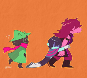 anthro black_body black_fur blush clothed clothing eyewear female fur glasses group hair hat headgear headwear male scarf simple_background trio 596o3 deltarune undertale_(series) kris_dreemurr ralsei susie_(deltarune) bovid caprine darkner goat human mammal reptile scalie 2019 digital_media_(artwork)