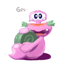anthro blush bodily_fluids cracked crying facial_hair green_shell looking_at_viewer male mature_anthro mature_male open_mouth purple_body shell simple_background solo tears white_background utyuunekome kirby:_right_back_at_ya! kirby_(series) nintendo escargoon gastropod mollusk snail japanese_description low_res