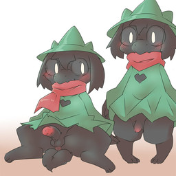 anthro anus balls black_body black_fur blush bottomless clothed clothing digitigrade duo erection flaccid foreskin fur genitals hat headgear headwear humanoid_genitalia humanoid_penis male penis reclining scarf simple_background square_crossover standing white_background white_eyes pu_sukebe deltarune undertale_(series) ralsei bovid caprine darkner goat mammal 1:1 2018 hi_res