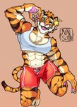 abs anthro athletic athletic_anthro athletic_male athletic_wear biped black_body black_fur bottomwear brown_background bulge chest_tuft claws clothing crop_top cropped_tank_top feet feline_tail finger_claws fingers front_view fur gym_bottomwear gym_shorts happy heart_(marking) humanoid_feet humanoid_hands inner_ear_fluff logo long_tail looking_at_viewer male markings multicolored_body multicolored_fur muscular muscular_anthro muscular_male one_eye_closed open_mouth open_smile orange_body orange_fur pawpads pecs plantigrade pubes red_bottomwear red_clothing red_shorts shirt shorts simple_background smile solo star striped_markings stripes tail toes topwear tuft white_body white_clothing white_crop_top white_fur white_topwear mothscythe felid mammal pantherine tiger 2024 artist_logo colored hi_res shaded