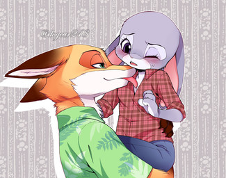 anthro blush bodily_fluids clothed clothing duo female green_eyes inner_ear_fluff kemono licking male one_eye_closed open_mouth pattern_background purple_eyes simple_background size_difference sweat sweatdrop tongue tongue_out tuft dogear218 disney zootopia judy_hopps nick_wilde canid canine fox lagomorph leporid mammal rabbit red_fox true_fox 2016