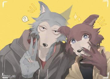 5_fingers anthro brown_body brown_fur camera_view clothed clothing duo female fingers fur gesture grey_body grey_fur hand_gesture hoodie male multicolored_body multicolored_fur question_mark simple_background smile topwear two_tone_body two_tone_fur v_sign holy_j18 beastars juno_(beastars) legoshi_(beastars) canid canine canis mammal wolf 2019