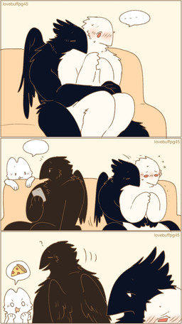 3_panel_comic anthro arm_tuft athletic athletic_anthro athletic_male biped black_body black_feathers black_wings blush chest_tuft cuddling duo_focus ellipsis emanata empty_speech_bubble feathers female front_view fur furniture group head_tuft looking_at_another male male_focus nude nude_anthro nude_female nude_male on_sofa red_eyes shoulder_tuft side_view simple_background sitting sitting_on_sofa slim slim_anthro slim_female sofa speech_bubble text three_row_layout tuft white_body white_feathers white_fur wings yellow_background lovebuffpg45 abby_(pegu2726) azure_(pegu2726) background_character karagarasu_(pegu2726) tarte_(pegu2726) avian bird corvid corvus_(genus) crow oscine passerine 2024 artist_name comic digital_drawing_(artwork) digital_media_(artwork) hi_res