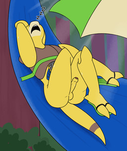 anthro balls bodily_fluids erection flip_flops_only foreskin genitals hammock hand_wraps humanoid_genitalia humanoid_penis male nude open_mouth outside penis sleeping snoring solo sound_effects sweat tail vowelless vowelless_sound_effect wraps yellow_body zzz aaron_amethyst nintendo pokemon flash_(aaron_amethyst) abra generation_1_pokemon pokemon_(species) absurd_res hi_res