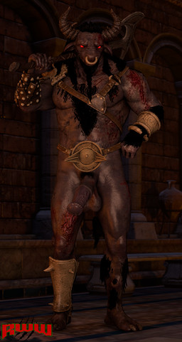 anthro armor axe balls battle_axe belt big_balls big_penis bodily_fluids body_hair clothing dripping facial_piercing gauntlets genital_fluids genitals gloves half-erect handwear looking_at_viewer male nose_piercing nose_ring penis piercing pose precum precum_drip precum_string pubes red_eyes ring_piercing solo renderswithwolves dead_by_daylight european_mythology greek_mythology mythology the_oni_(dead_by_daylight) bovid bovine mammal minotaur 3d_(artwork) digital_media_(artwork) pinup source_filmmaker_(artwork)