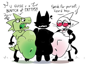 abdominal_bulge anthro belly big_belly black_body black_fur forked_tongue fur green_body group huge_belly male navel nervous open_mouth soft_vore standing tail teeth text tongue touching_bellies trio vore whiskers white_body white_fur pawplants clink_(pawplants) sticklizard_(pawplants) canid canine canis domestic_cat felid feline felis lizard mammal reptile scalie wolf 2026 english_text hi_res