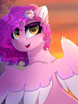 accessory brown_eyes eyelashes feathered_wings feathers female feral flower flower_in_hair fur hair hair_accessory looking_back open_mouth open_smile outside pink_body pink_feathers pink_fur plant purple_hair smile solo spread_wings sunset wings taiweiart hasbro mlp_g5 my_little_pony mythology ruby_jubilee_(mlp) equid equine mammal mythological_creature mythological_equine pegasus 3:4 digital_media_(artwork) hi_res