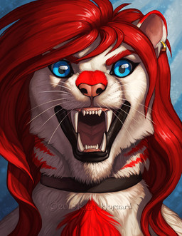 black_lips blue_eyes ear_piercing ear_ring fur hair lips open_mouth piercing red_hair ring_piercing solo teeth tongue whiskers white_body white_fur katie_hofgard felid feline mammal 2015 digital_media_(artwork) headshot_portrait portrait