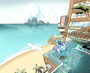 anthro beach clothing eyewear food male solo sunglasses sushi swim-up_bar swimming_trunks swimwear tropical galanartworks justin_(ieaden) felid mammal pantherine tiger hi_res