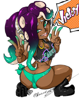 big_breasts big_butt black_boots black_clothing black_footwear black_topwear blush blush_lines boots breasts butt cleavage clothed clothing crouching dialogue electronics eyelashes female footwear gesture green_clothing green_eyes green_hair green_panties green_underwear hair hand_gesture headphones horizontal_pupils long_hair looking_at_viewer looking_back looking_back_at_viewer markings mole_(marking) mole_under_mouth multicolored_hair open_mouth open_smile panties pseudo_hair pupils purple_hair rear_view shoes simple_background smile solo speech_bubble talking_to_viewer tentacle_hair tentacles text thick_thighs topwear two_tone_hair underwear v_sign white_background wide_hips kae'est nintendo splatoon marina_(splatoon) animal_humanoid aquatic aquatic_humanoid cephalopod cephalopod_humanoid humanoid mollusk mollusk_humanoid octarian octoling octopus_humanoid english_text hi_res