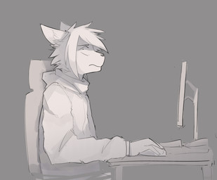 anthro biped chair clothed clothing computer computer_mouse desk electronics frown furniture grey_background inside kemono keyboard looking_at_viewer male monitor simple_background sitting solo table notglacier domestic_cat felid feline felis mammal 2016 hi_res monochrome reaction_image