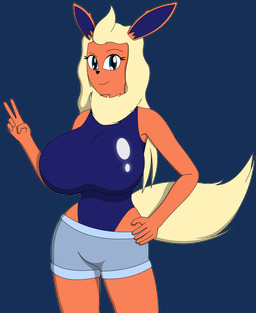 anthro anthrofied big_breasts bottomwear breasts clothing female gesture hand_gesture hand_on_hip huge_breasts one-piece_swimsuit shorts solo swimwear v_sign darksword-wolf nintendo pokemon ruby_(sturk-fontaine) eeveelution flareon generation_1_pokemon pokemon_(species) alpha_channel