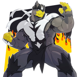 5_fingers abs anthro armpit_hair barazoku biceps big_muscles biped black_body black_eyes black_fur black_markings bodily_fluids body_hair bottomwear clothing facial_markings fighting_pose fingers fire fur gloves_(marking) grey_body grey_fur head_markings loincloth male male_anthro markings multicolored_body multicolored_fur muscular muscular_anthro muscular_arms muscular_male muscular_thighs pecs pokemorph pose pseudo_clothing raised_arm simple_background snout solo standing sweat white_body white_fur white_markings yellow_body yellow_fingers yellow_snout pbluehair94999 nintendo pokemon bear generation_8_pokemon legendary_pokemon mammal pokemon_(species) single_strike_style_urshifu urshifu 2026 colored digital_drawing_(artwork) digital_media_(artwork) hi_res