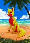 animal_genitalia balls beach chain chain_leash coconut_tree eye_scar facial_scar feral fruit_tree fully_sheathed fur genitals leash male palm_tree plant scar sheath side_view sitting tree water yellow_body yellow_fur rukifox canid canine fox mammal hi_res