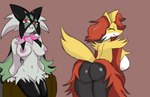 absurd_res anthro areola big_breasts breasts butt canid canine delphox duo elchepontos felid feline female fur generation_6_pokemon generation_9_pokemon green_body green_fur hi_res mammal meowscarada multicolored_body multicolored_fur navel nintendo nipples pink_areola pink_nipples pokemon pokemon_(species) presenting presenting_hindquarters rear_view side_boob simple_background smile solo