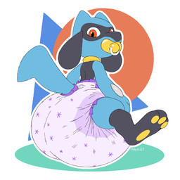 3_toes ambiguous_gender anthro big_diaper black_body black_fur blue_body blue_ears blue_fur blue_tail clean_diaper clothed clothing diaper diaper_only feet fur geometric_background looking_at_viewer looking_back looking_back_at_viewer low-angle_view multicolored_body multicolored_fur object_in_mouth pacifier pacifier_in_mouth pawpads simple_background sitting sitting_on_diaper solo tail text three-quarter_view toes topless two_tone_body two_tone_fur wearing_diaper yellow_pacifier yellow_pawpads mawliet nintendo pokemon generation_4_pokemon pokemon_(species) riolu 1:1 2026 artist_name full-length_portrait hi_res portrait