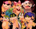 anthro blue_hair blush bow_(feature) bracelet buckteeth eyewear female glasses green_hair group hair jewelry male multicolored_hair one_eye_closed shell spiked_bracelet spiked_shell spikes spikes_(anatomy) sunglasses teeth wink zeso mario_bros nintendo iggy_koopa koopaling larry_koopa lemmy_koopa ludwig_von_koopa morton_koopa_jr. roy_koopa wendy_o._koopa koopa scalie absurd_res hi_res