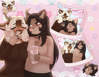 anthro antlers big_breasts biped breasts brown_body brown_fur brown_hair deer_antlers duo female female/female female_anthro fur hair horn long_hair markings mismatched_sexual_dimorphism multicolored_hair tan_body tan_fur white_hair mintynqq layla_(laylabunn) thea_(theabunn) cervine deer mammal absurd_res hi_res intersex_(lore) trans_(lore) trans_woman_(lore)