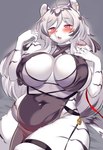 absurd_res anthro big_breasts blush breasts clothed clothing ear_piercing ear_ring felid female fur ginko0101 hair hannah_(mahjong_soul) hi_res looking_at_viewer mammal pantherine piercing ring_piercing simple_background solo stripes tiger white_body white_fur