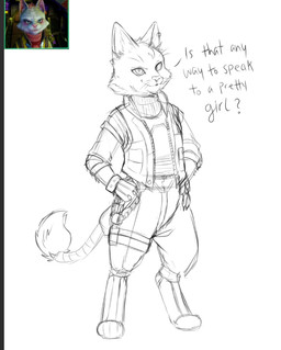 anthro dialogue ear_piercing female hand_on_hip piercing solo tail kokoro-tokoro nintendo star_fox katt_monroe felid feline mammal sketch