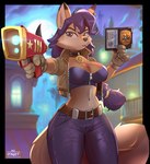 5_fingers aiming anthro badge belt big_breasts black_nose blue_hair bottomwear breasts cleavage clothed clothing coat collar ear_piercing ear_ring electroshock_weapon female fingers fur gloves gun hair handwear holding_gun holding_object holding_ranged_weapon holding_weapon identification looking_at_viewer markings mole_(marking) orange_body orange_fur pants piercing police ranged_weapon ring_piercing solo standing tail taser teeth text topwear weapon writing_text zipper hinget sly_cooper_(series) sony_corporation sony_interactive_entertainment sucker_punch_productions carmelita_fox canid canine fox mammal 2023 artist_name digital_drawing_(artwork) digital_media_(artwork) english_text hi_res